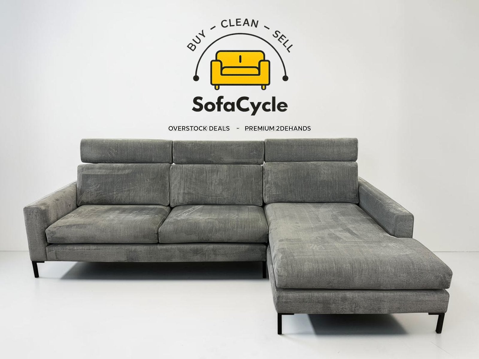 Fauteuil d'angle gris Demuynck avec appuie-têtes réglables, Enlèvement ou Envoi, Comme neuf, SofaCycle, Info@sofacycle.be