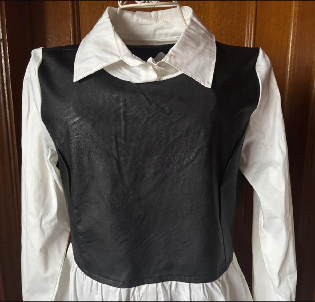 Nieuwe witte bloes met zwart lederlook bewerkt M., Kleding | Dames, Maat 38/40 (M), Moda Italia, Zwart, Nieuw