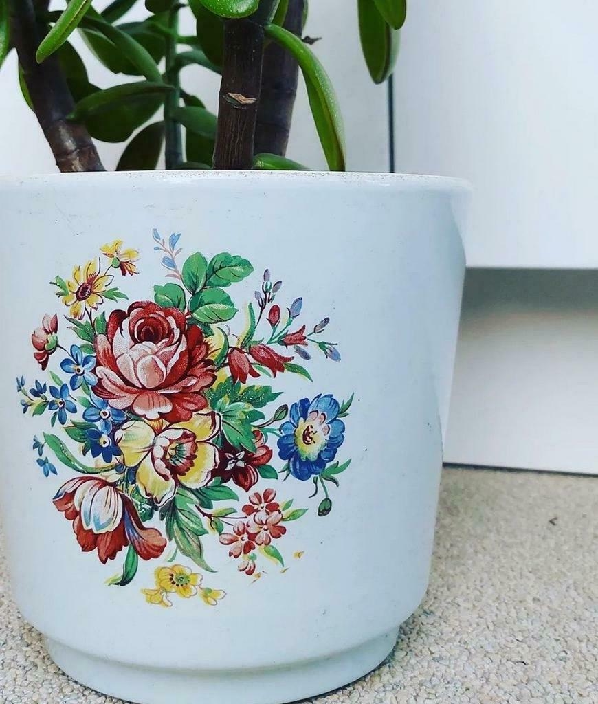 Vintage bloempot met bloemendecoratie, Ophalen of Verzenden