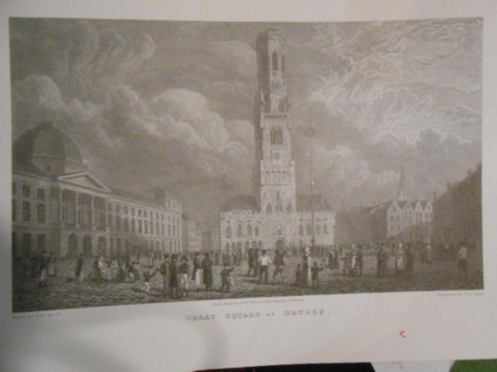 staalgravure 1824 Robert Jennings Brugge Grote Markt Belfort, Ophalen of Verzenden