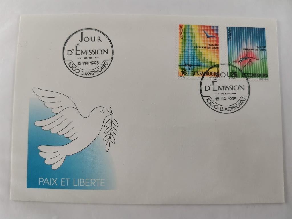 Luxemburg 1995 - FDC - vrede en vrijheid, vredesduif, vogels, Ophalen of Verzenden, Luxemburg, Gestempeld