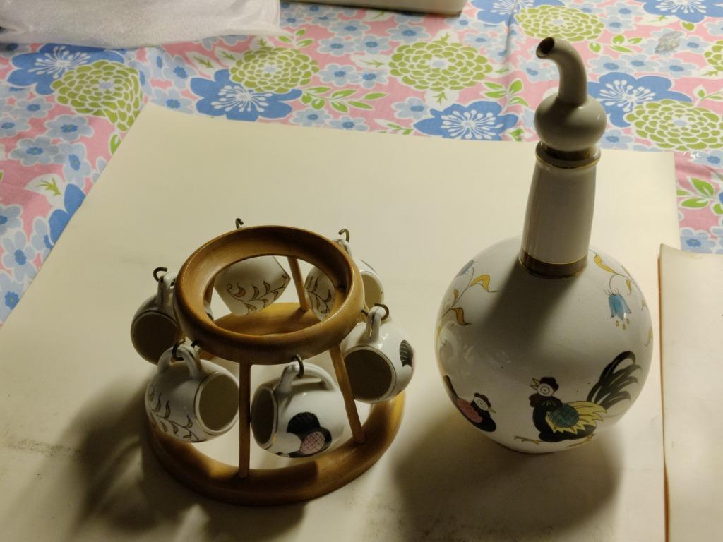 Vintage porseleinen oliekan / azijnkan en 6 kopjes, Ophalen of Verzenden