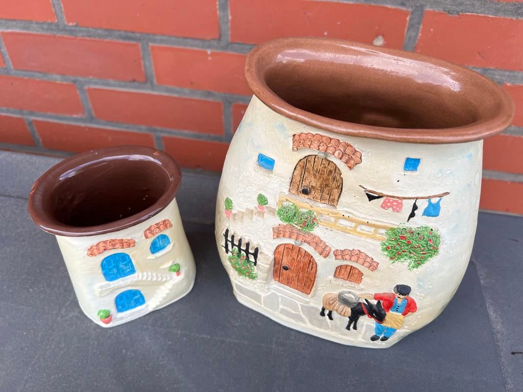 Vaas, potje en miniatuur huisjes uit Griekenland., Ophalen of Verzenden