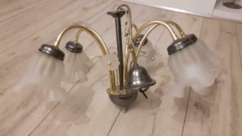2-kleurig lustertje +bijhorend wandlampje, Huis en Inrichting, Lampen | Kroonluchters, Ophalen of Verzenden, Gebruikt, Glas