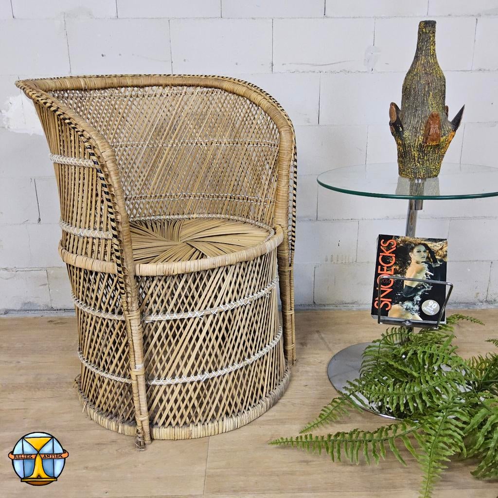 Vintage geweven Rotan / Rattan Stoel / luie bohemian stoel, Gebruikt, Bruin, Bohemian / vintage, Riet of Rotan