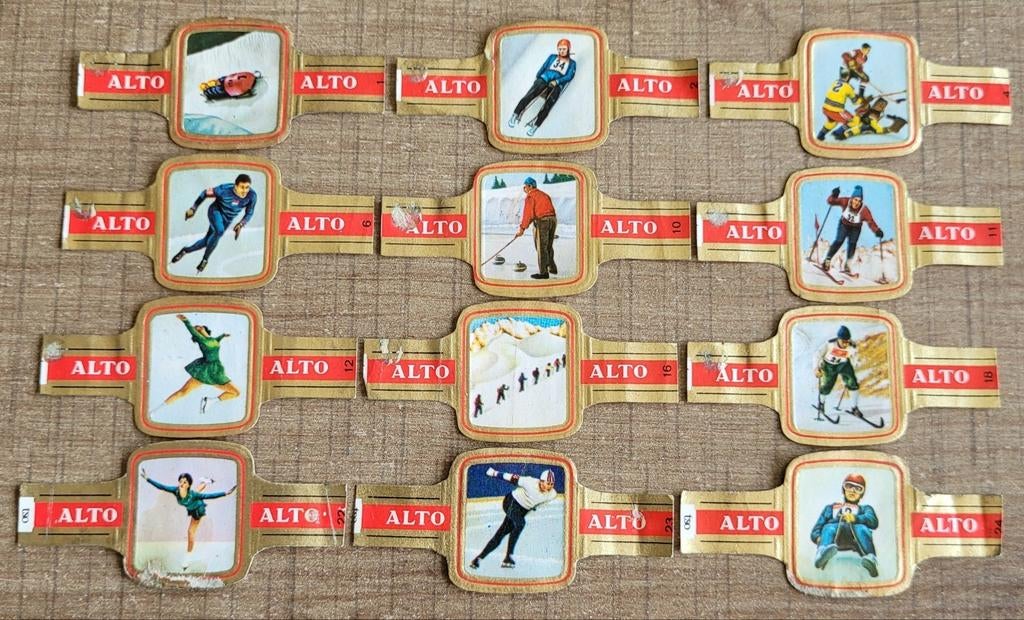 12 oude sigarenbandjes: reeks wintersport, Enlèvement ou Envoi, Utilisé, Bagues de cigare
