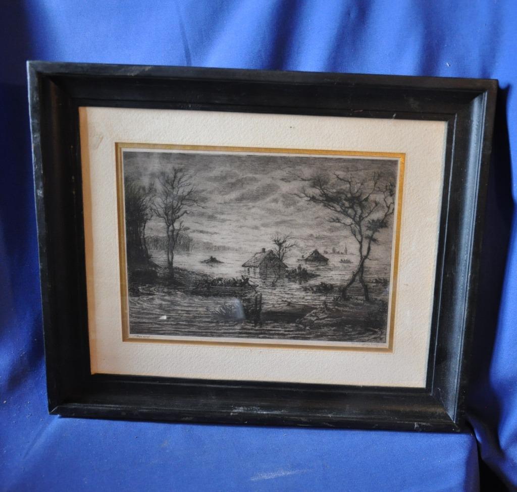 gravure scène barque sur paysage inondé, Ophalen of Verzenden