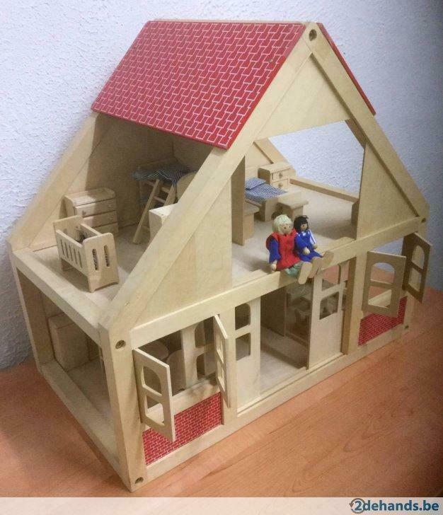 Prachtig houten poppenhuis + houten meubeltjes + 2 poppetjes, Enlèvement ou Envoi, Utilisé