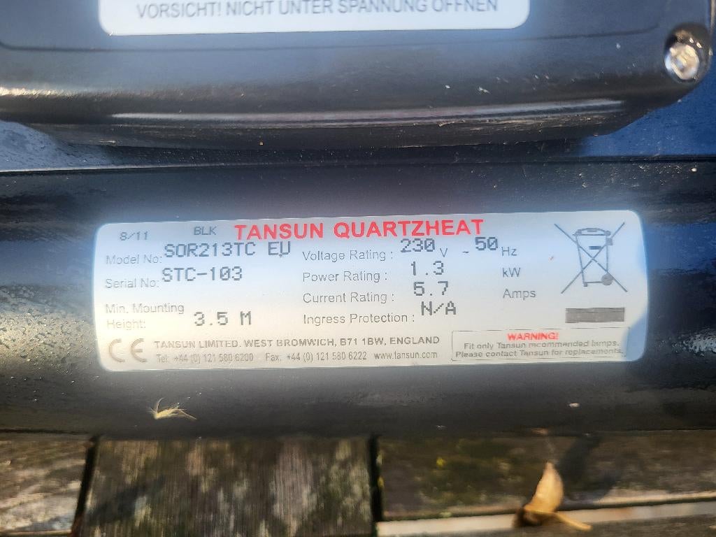 Infra Rood straler Tansun SORRENTO Ceramic 3 x 1,3kW, Ophalen, Zo goed als nieuw, Infrarood, Onderdelen