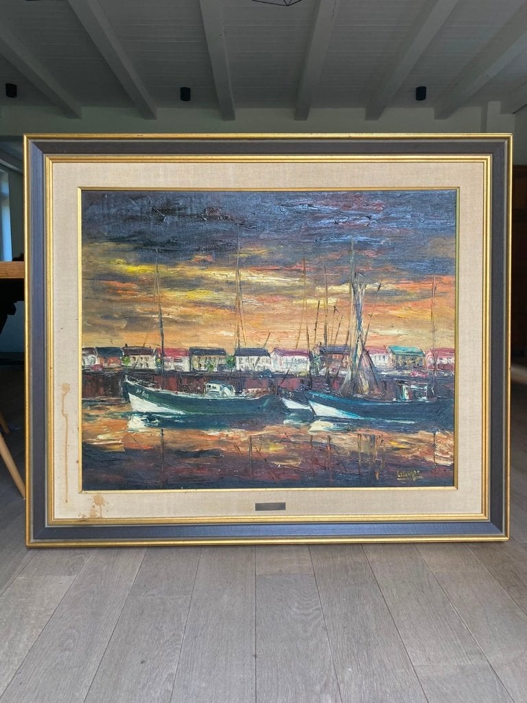Groot schilderij Lisette Heeffer – Haven van Nieuwpoort, Antiek en Kunst, Ophalen, Maritiem / water, Doek, Realistisch