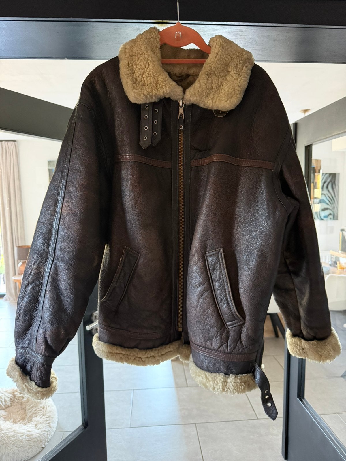 Blouson aviateur vintage en cuir véritable & mouton retourné, Vêtements | Hommes, Enlèvement, Porté, Taille 48/50 (M), Brun