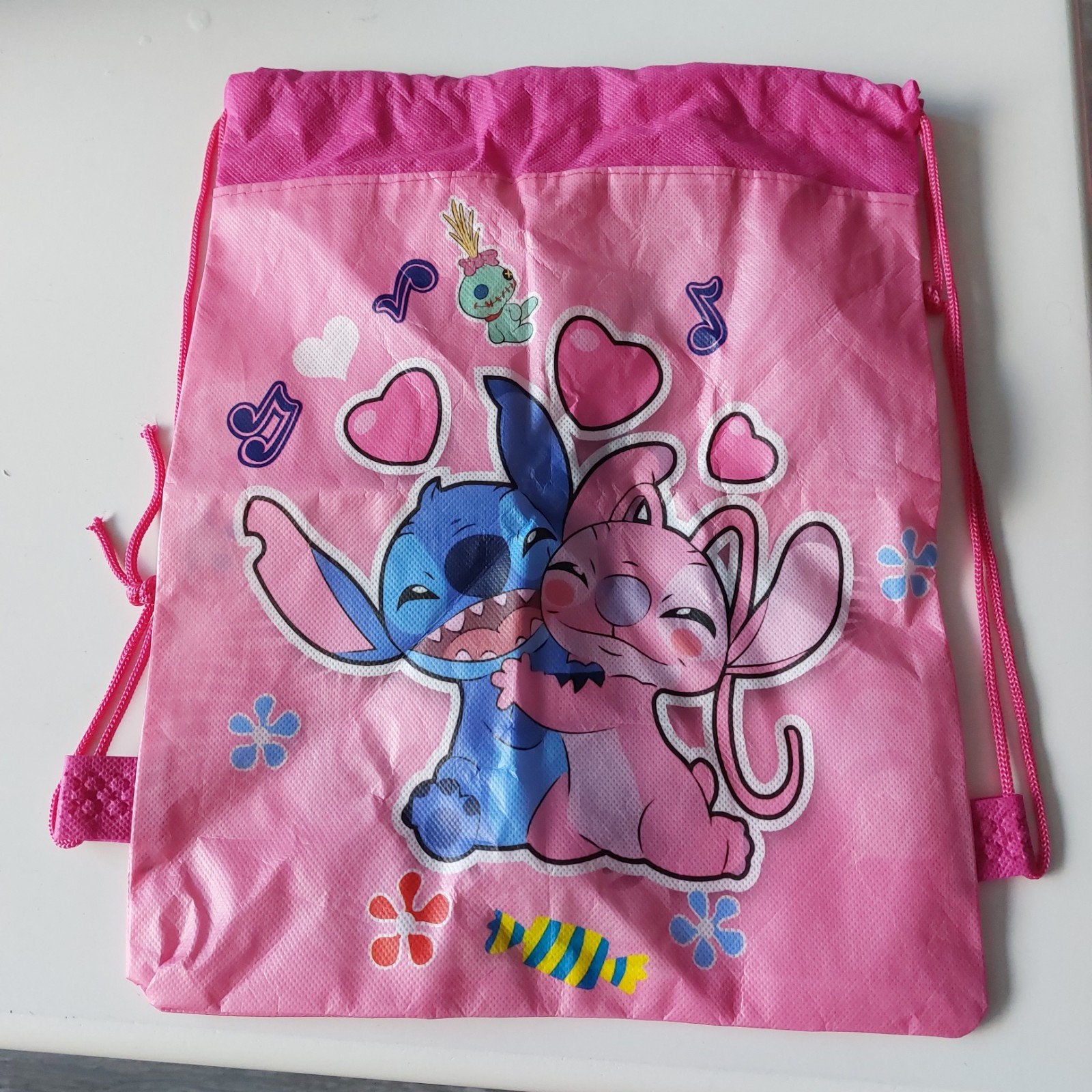Sac de sport rose (sac à dos à cordon) avec Stitch et Angel, Enlèvement, Comme neuf, Enfants unisexe
