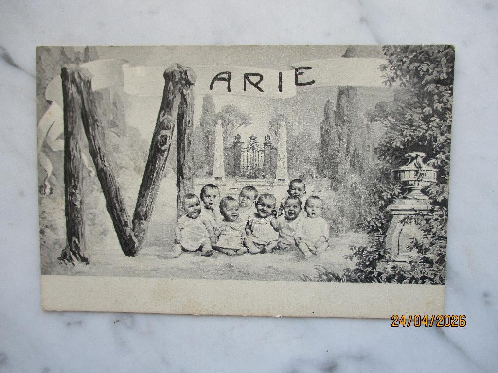 naamkaart Marie Baby's kleine kindjes in tuin poort MF Paris, Verzenden, Voor 1920, Ongelopen, Kinderen