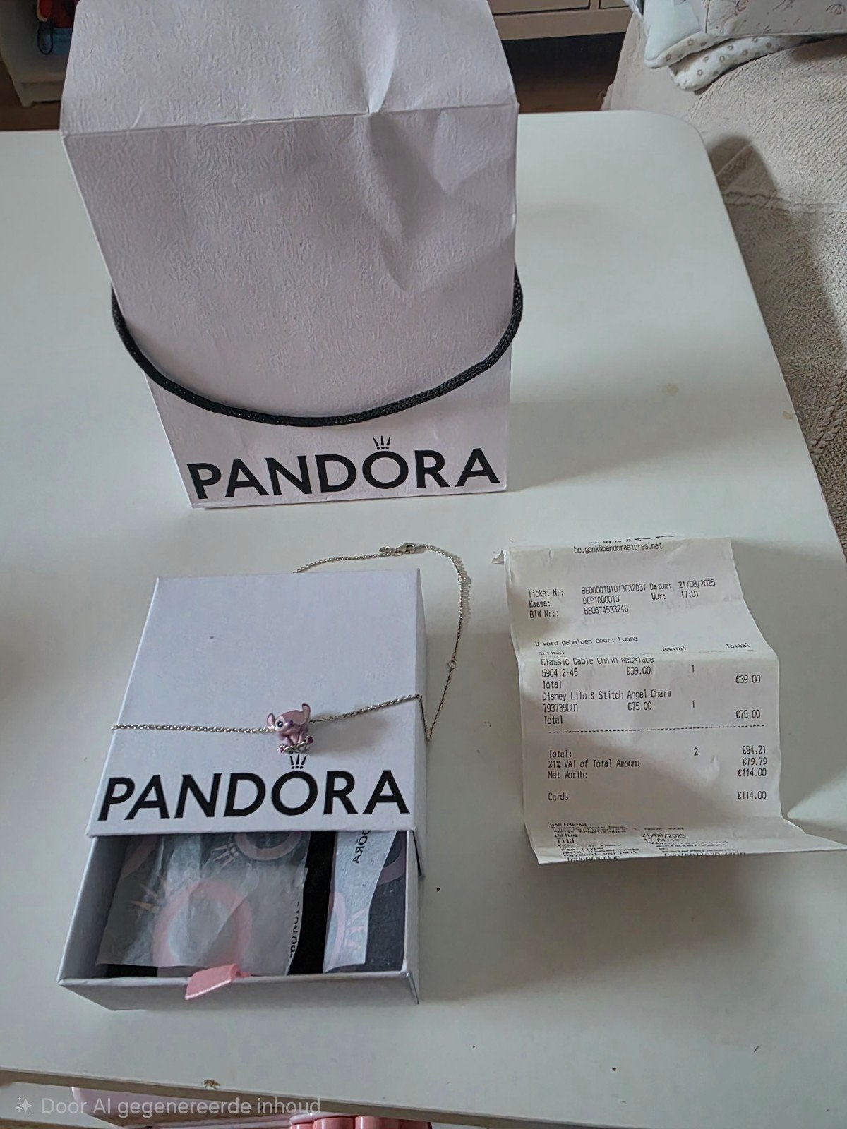 Pandora lilo en stitch charm met kinderketting zilver, Ophalen of Verzenden, Zo goed als nieuw, Beeldje of Figuurtje