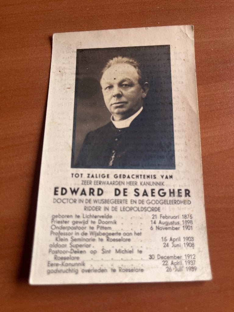 Pastoor E. De Saegher  Lichtervelde 1872 + Roeselare1939, Verzenden, Rouwkaart