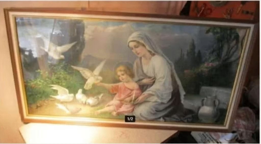 Belle estampe religieuse ancienne - Marie et Jésus - 106x56, Antiquités & Art, Enlèvement ou Envoi