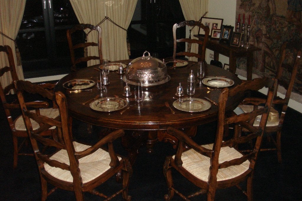 ZEER EXCLUSIEVE RONDE TEAK EETTAFEL TAFEL 180 met PARKETBLAD, Ophalen, Nieuw, Landelijk, 8 stoelen of meer