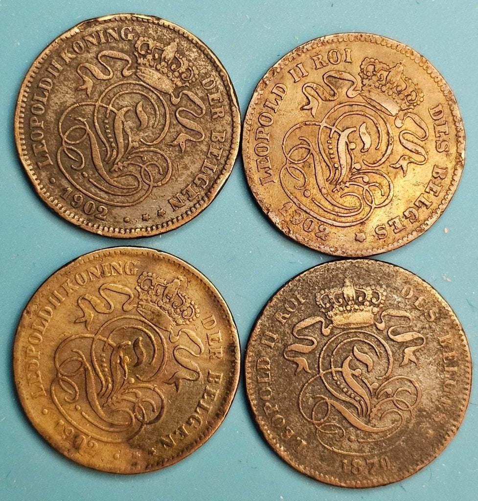 4 Belgische 2 Centiemen (1870 & 1902), Timbres & Monnaies, Enlèvement ou Envoi, Autre, Série