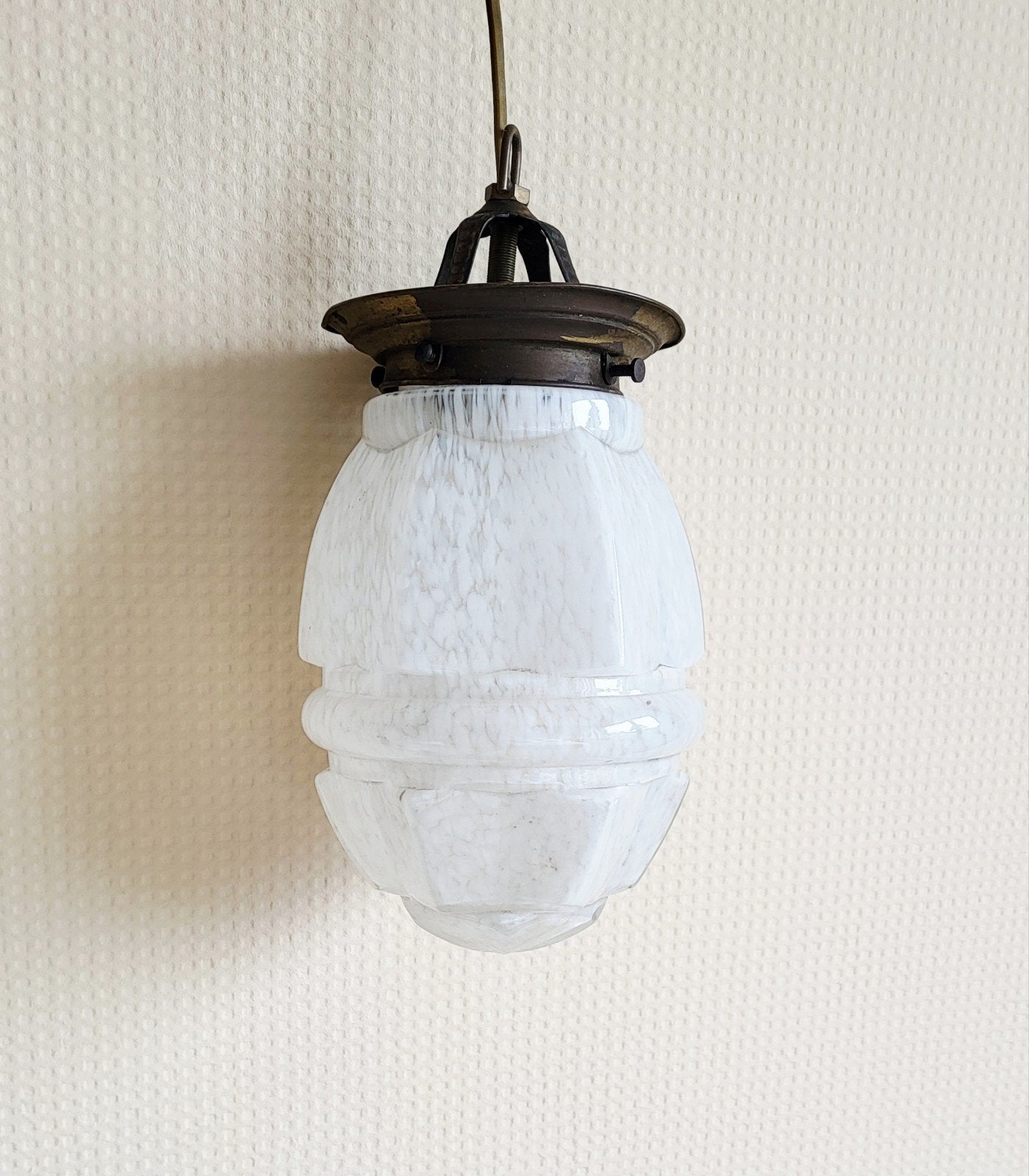 Prachtige vintage art deco wit gewolkte glazen plafoniere!, Antiek en Kunst, Antiek | Verlichting, Ophalen of Verzenden