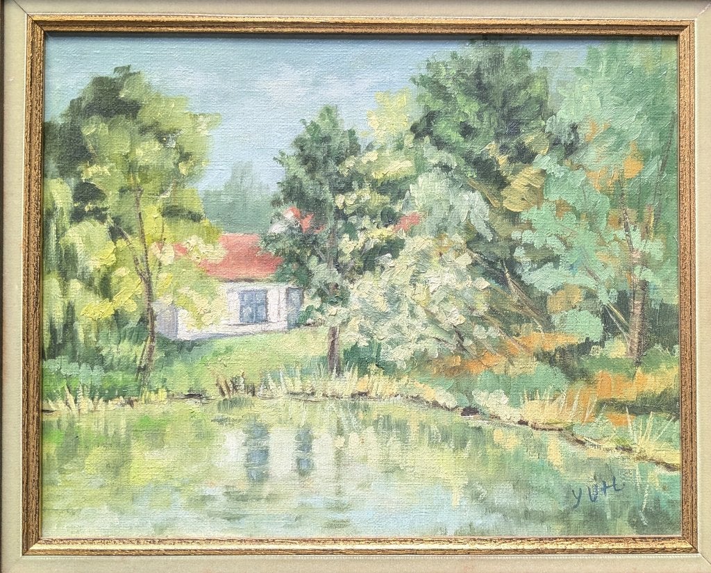 Yvonne Van Haute - boerderijtje - olie op doek - kader, Doek, Impressionistisch, Ophalen of Verzenden, Landschap