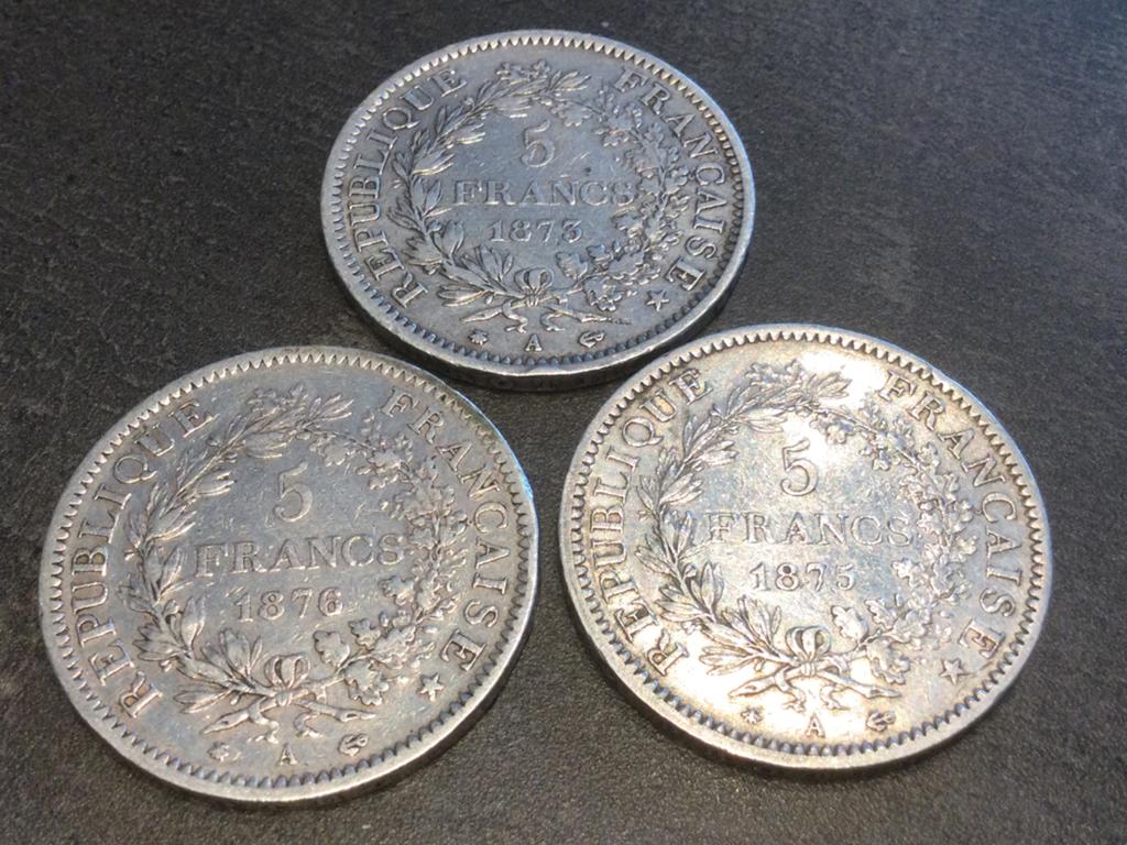 France 3 x 5 Francs 1873/75/76 argent, Enlèvement ou Envoi