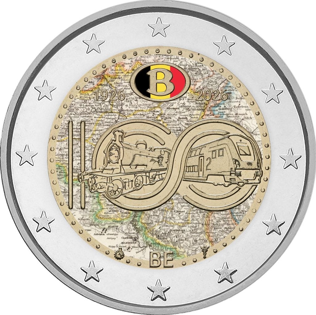 2 euro België 2026 100 jaar NMBS gekleurd type 2, Postzegels en Munten, Munten | Europa | Euromunten, Verzenden, België, 2 euro