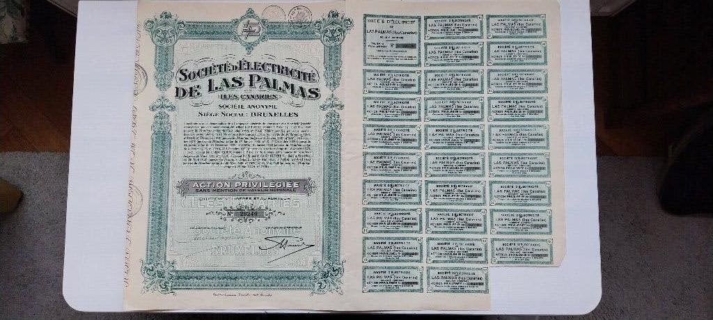 Lot 3 Oude titels - (Polen, België, Las Palmas), Postzegels en Munten, Aandelen en Waardepapieren, Ophalen of Verzenden, 1920 tot 1950