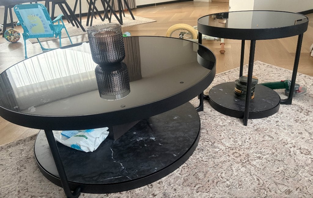 Salontafel/bijzettafel, set van 2, antraciet marmerpatroon, Rond, 50 à 100 cm, Comme neuf, Verre