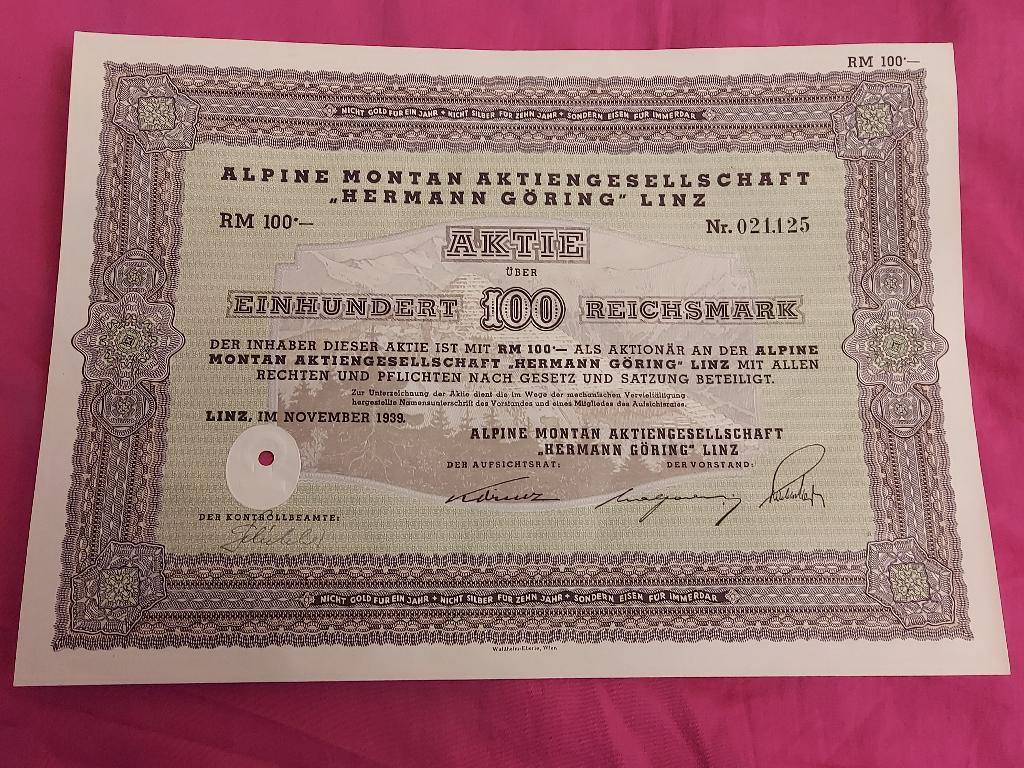 Vintage aandeel – Aktiengesellschaft Hermann Göring (1939), Verzamelen, Ophalen of Verzenden, Overige soorten, Overige typen