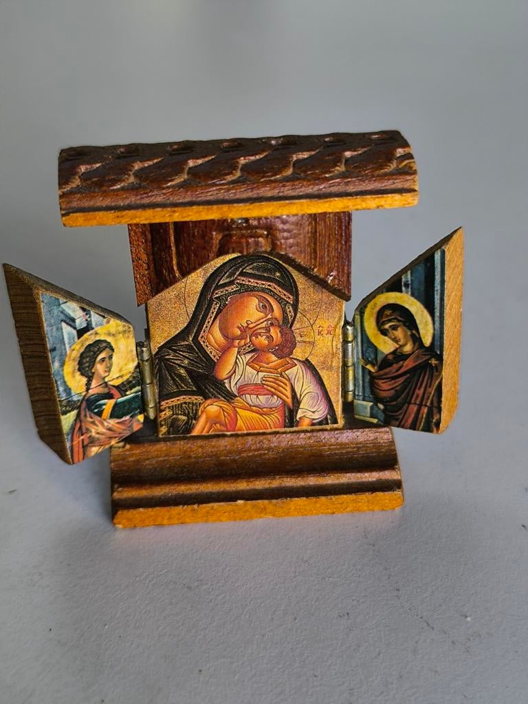 Miniatuur houten drieluik icoontje, Antiek en Kunst, Ophalen of Verzenden