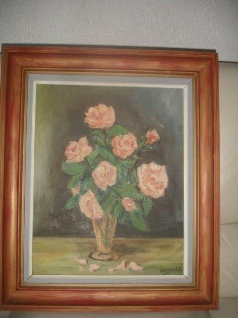 Schilderij Rozen in een vaas van Deklerck J., Antiek en Kunst, Ophalen of Verzenden, Bloemen, Doek
