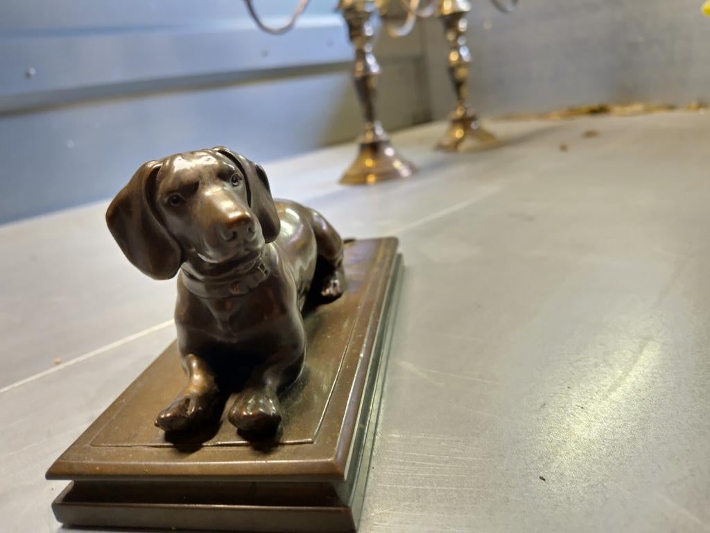 Statue de teckel en bronze antique — Signée E. Jacquin vers, Enlèvement