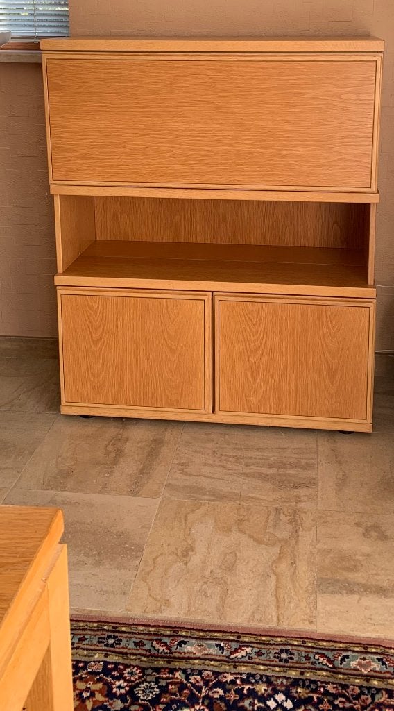 Vintage jaren 80 barkast / drankenkast in eikenfineer, Huis en Inrichting, Ophalen, Gebruikt, 100 tot 150 cm, Met deur(en)
