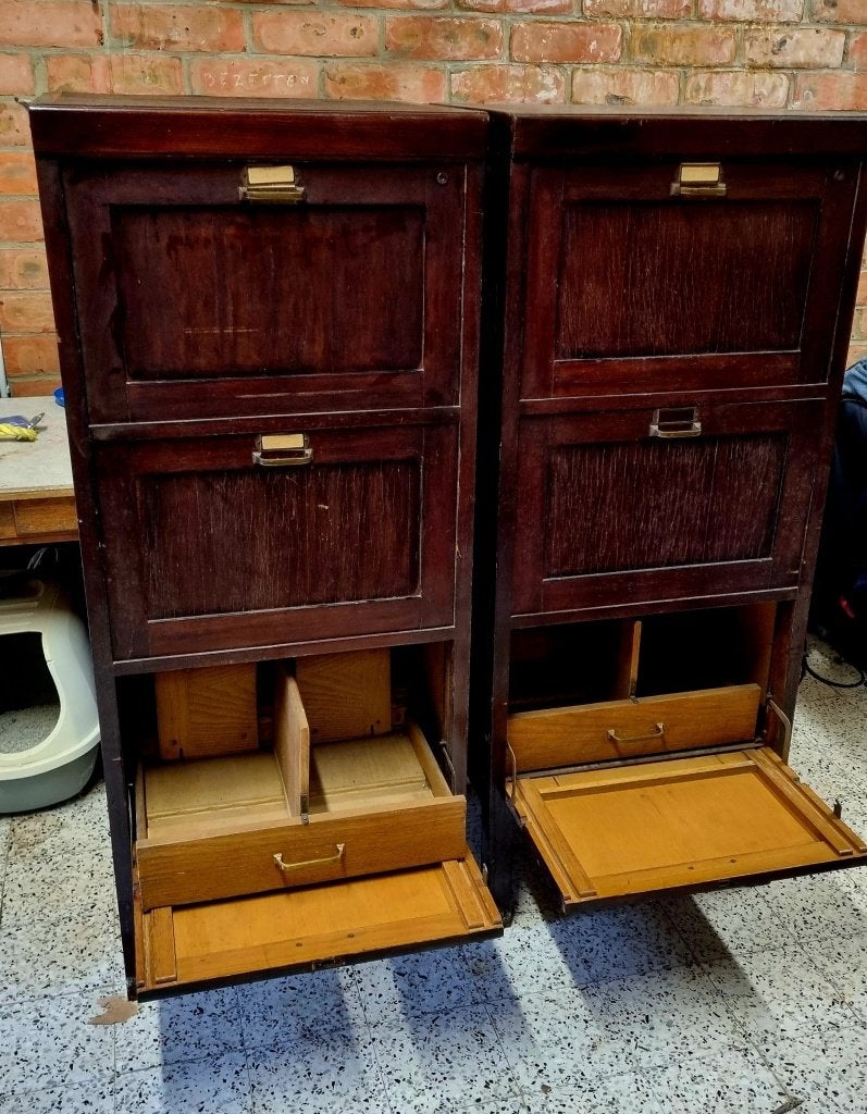 Set van 2 antieke houten notariskasten / archiefkasten, Enlèvement ou Envoi, Utilisé, Vintage