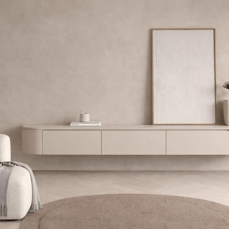 Beige tv meubel met afgeronde hoeken, Ophalen, Nieuw, 200 cm of meer, Minder dan 100 cm