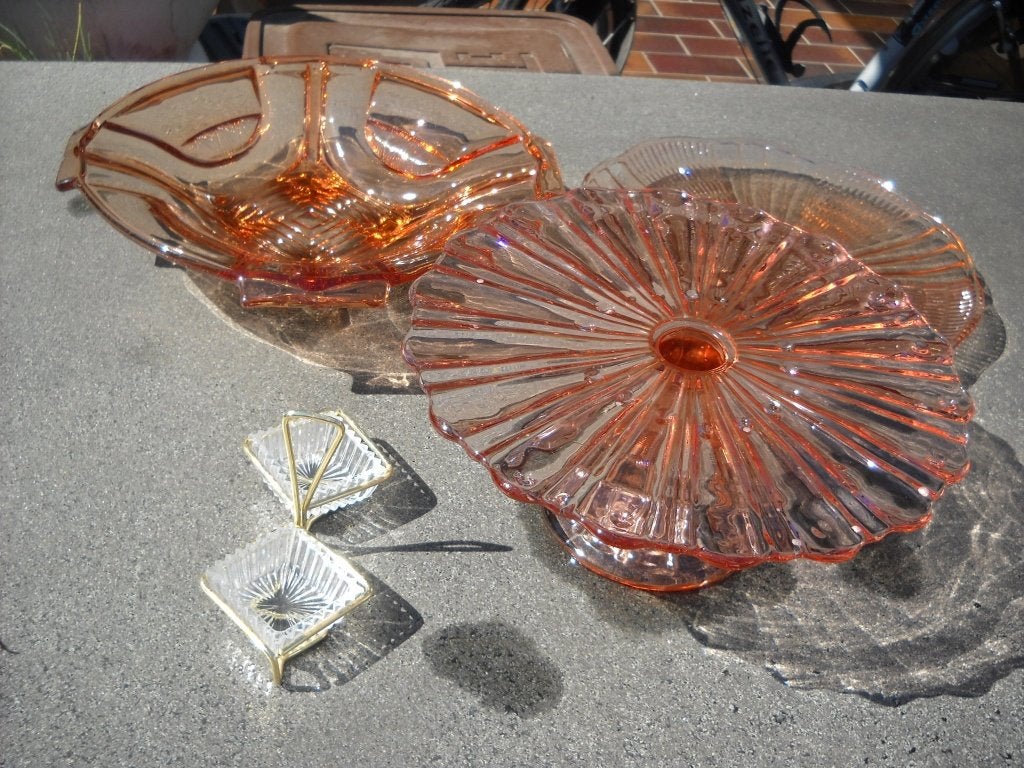 3 vintage schalen in roze persglas-mogen apart ook weg, Antiek en Kunst, Ophalen