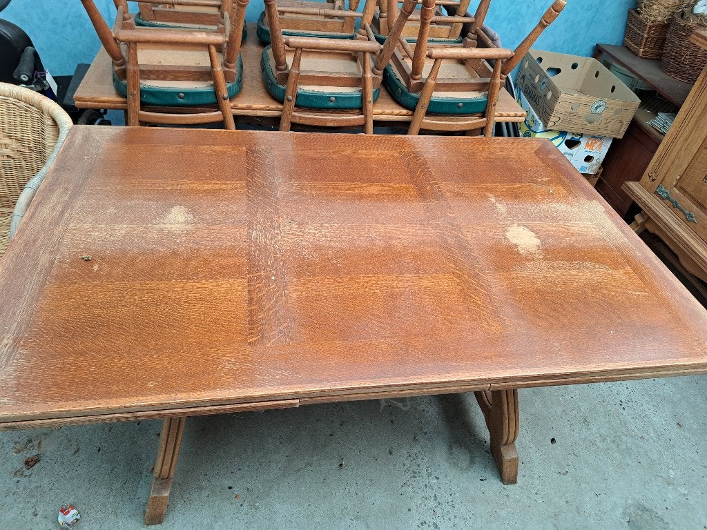 2 uitschuifbare vol houten eettafels + 6 stoelen, Ophalen, Gebruikt, Overige houtsoorten