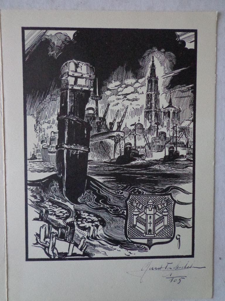 Linosnede van Gard Van Mechelen "Antwerpen", Antiek en Kunst, 1950 - 1999, Stadsgezicht, Ophalen of Verzenden, Houtsnede