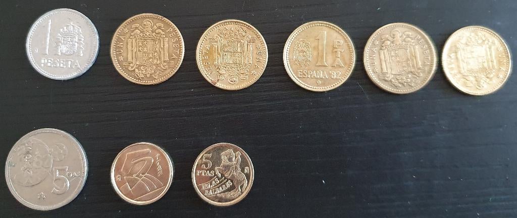 Set munten van 3x 5 pesetas en 6x1 peseta van Spanje, Postzegels en Munten, Ophalen of Verzenden, Setje