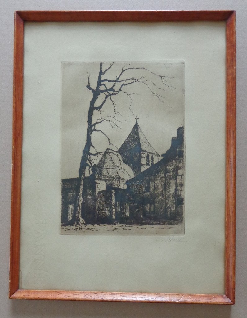 MAURICE MAREELS / DROGENBOS / ZW-W ETS / 34x26cm / KADER, Enlèvement ou Envoi, Architecture, Eau-forte, Signé