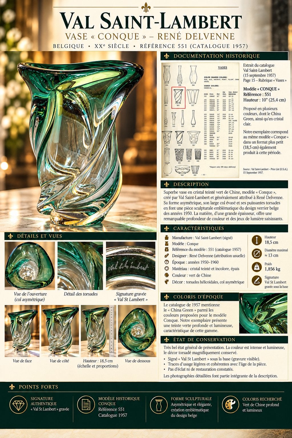 Val Saint Lambert – Vase « Conque » – René Delvenne – Signé, Antiquités & Art, Enlèvement ou Envoi