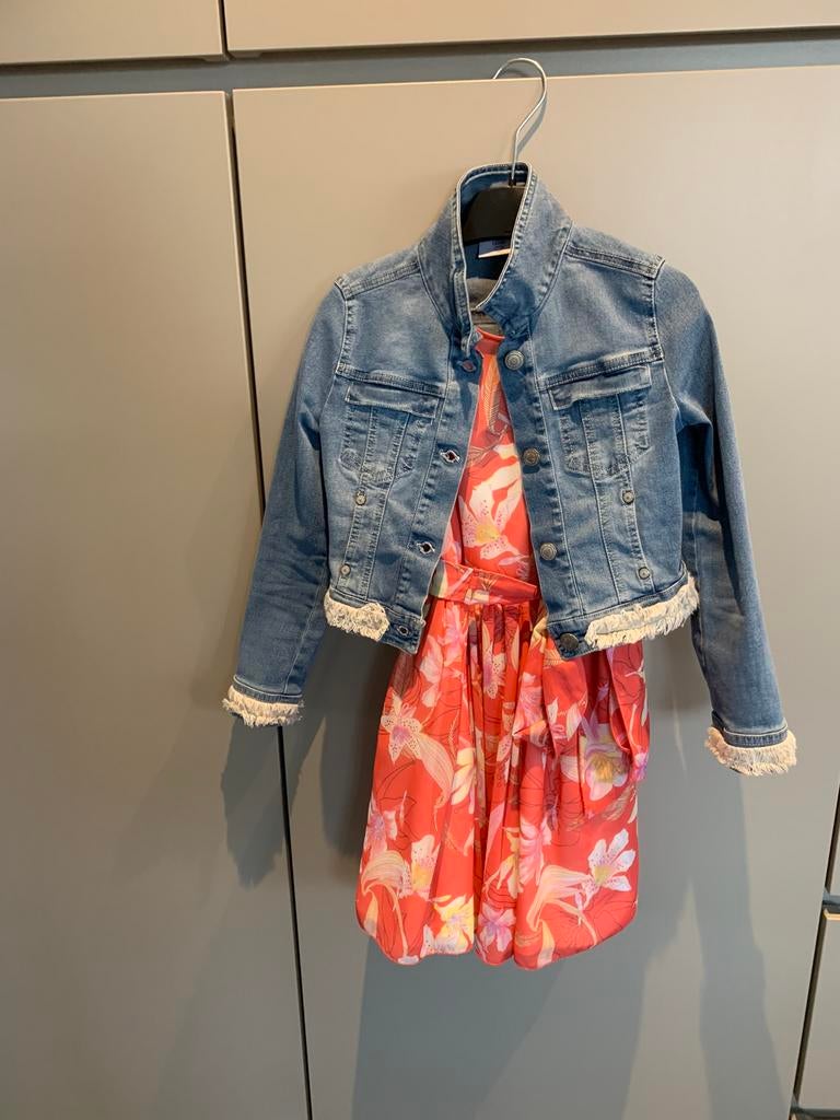 Kleurrijk feestkleedje met jasje diamant blu maat 128, Ophalen, Zo goed als nieuw, Meisje, Jurk of Rok