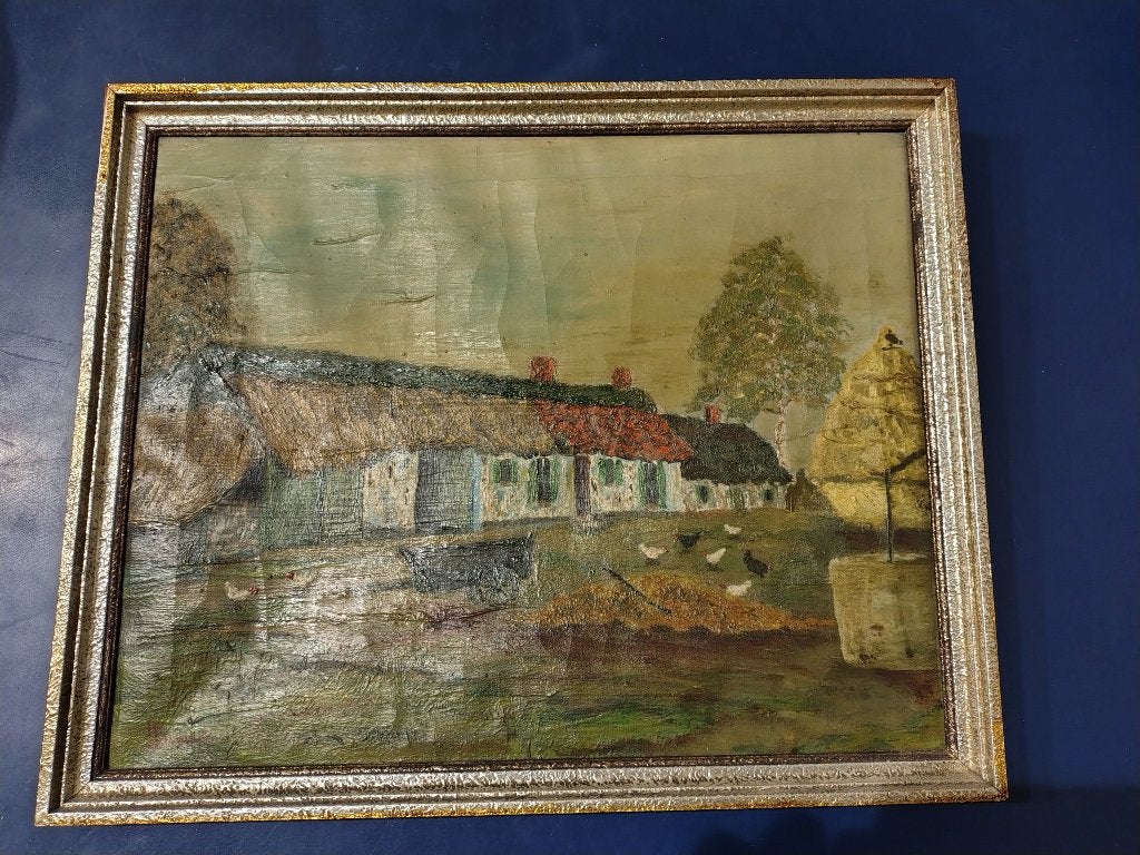 Schilderij boerderij, Antiquités & Art, Peinture à l'huile, Enlèvement, Toile, Peint à la main