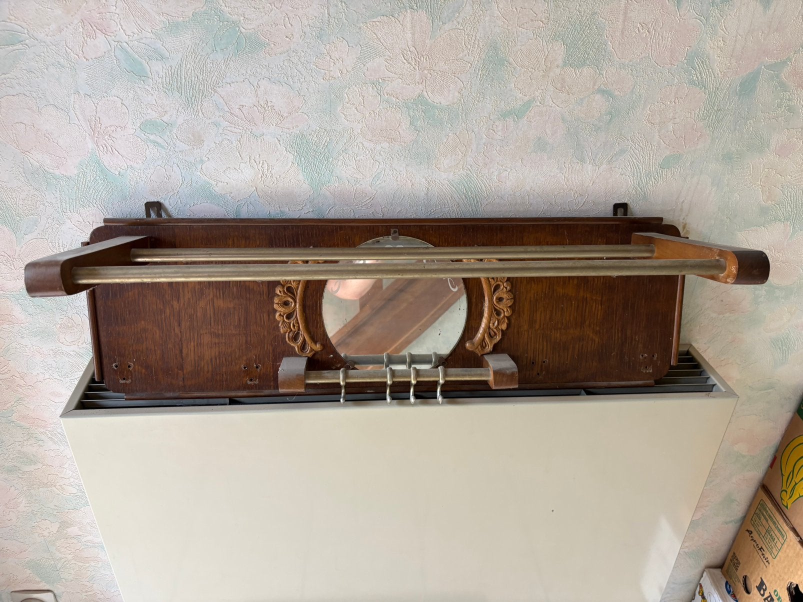 Porte-manteau mural Art Déco - miroir, bois et métal vintage, Enlèvement, Comme neuf, Bois, Portemanteau mural