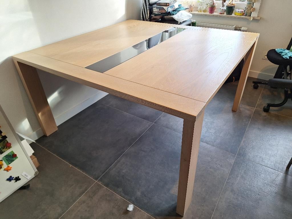 Eettafel Karel Mintjens met glaselement  145x145, Maison & Meubles, Tables | Tables à manger, Comme neuf, 100 à 150 cm, 100 à 150 cm