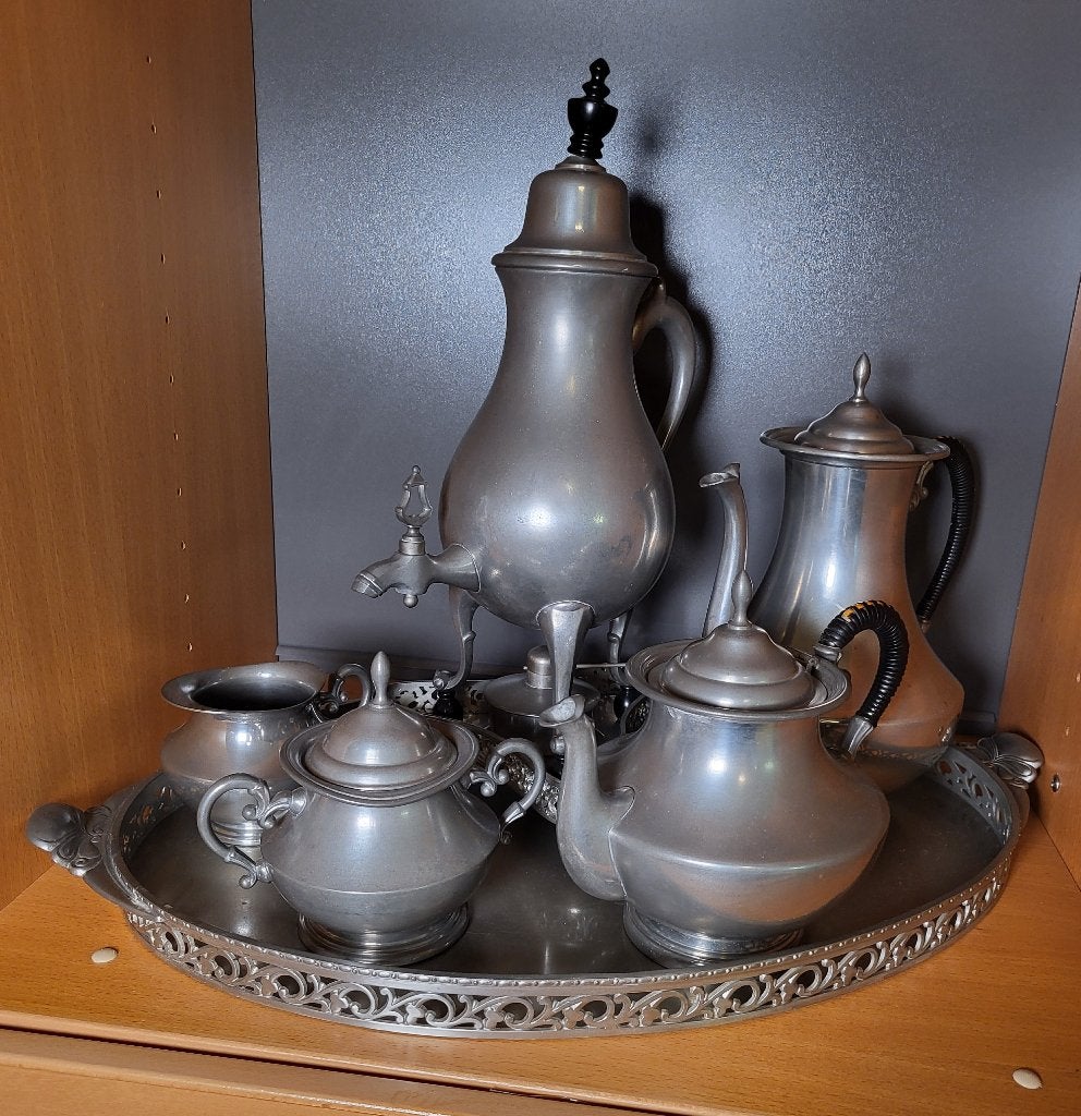 Vintage koffie/theeset 8 stuks puur tin Tiel Holland 60's, Antiek en Kunst, Ophalen