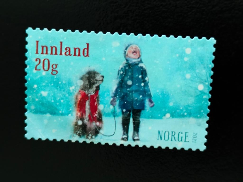 Norvège 2021 - Noël, garçon avec son chien dans la neige, Envoi, Norvège, Affranchi