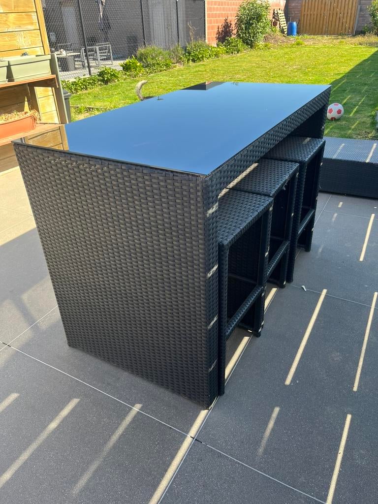 Tuin tafel hoog met 6 hoge stoelen, Ophalen, Zo goed als nieuw
