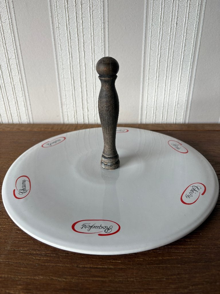 Vintage kaasplateau met houten greep – Made in France, Gebruikt, Keramiek, Vintage, Ophalen of Verzenden