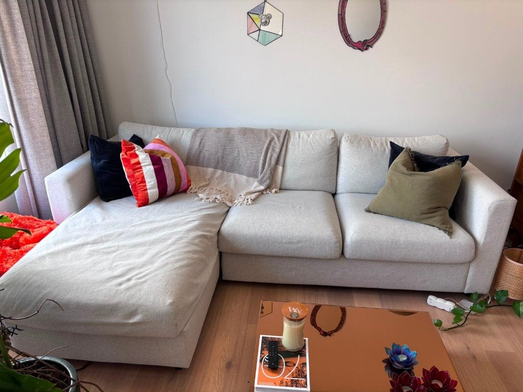 Lichtgekleurde 3zit met chaise longue & opbergruimte, Huis en Inrichting, Ophalen, 250 tot 300 cm, Gebruikt, Driepersoons
